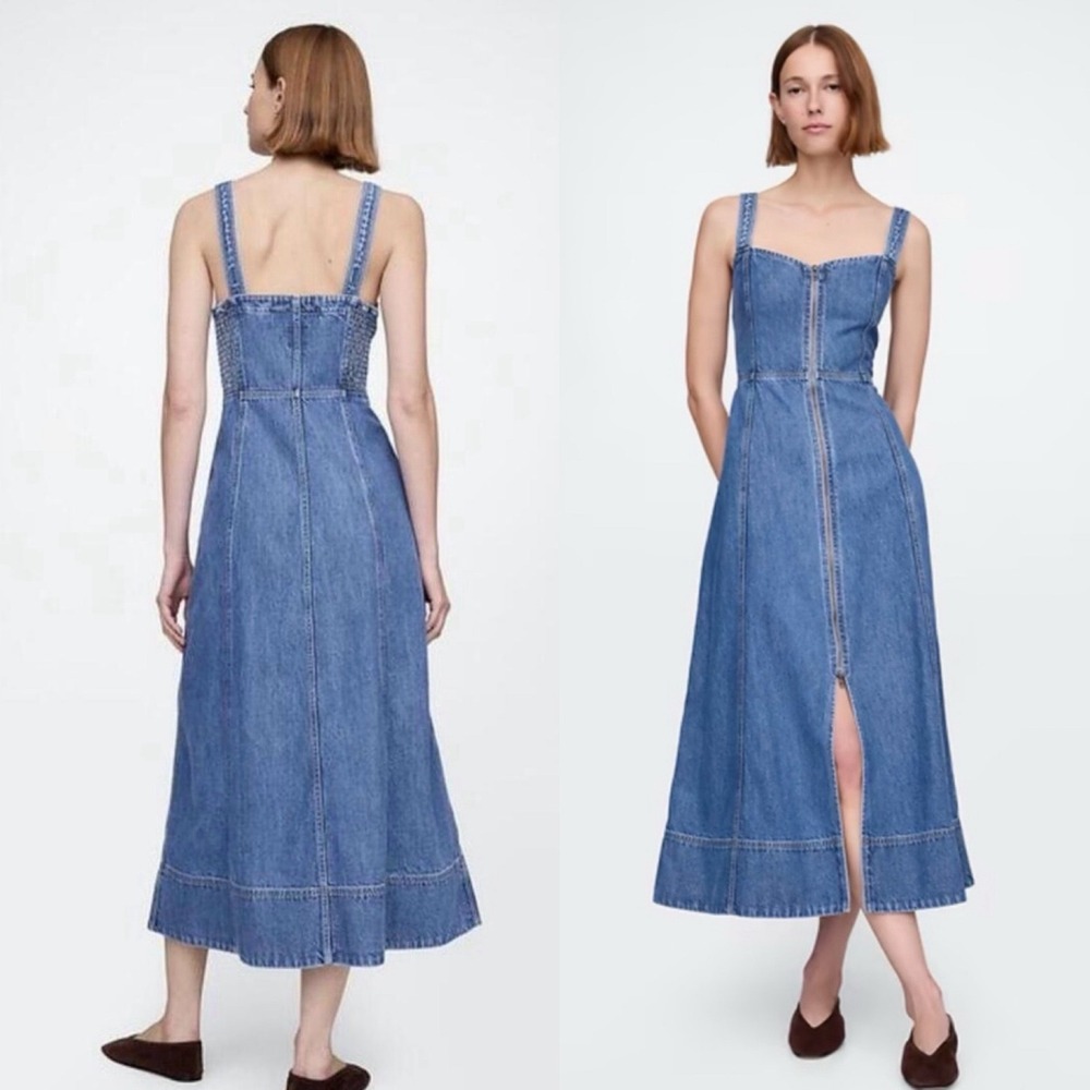 GAP UltraSoft Denim Zip-Front Medium Wash Blue Maxi Dress Size Large